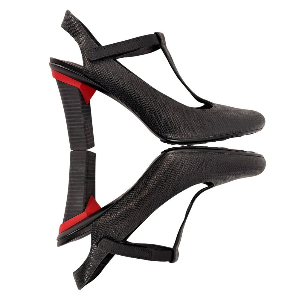 Tsubo Japanese Black Leather T-Strap Slingback Heels Red Accent Size 9 / EU 40